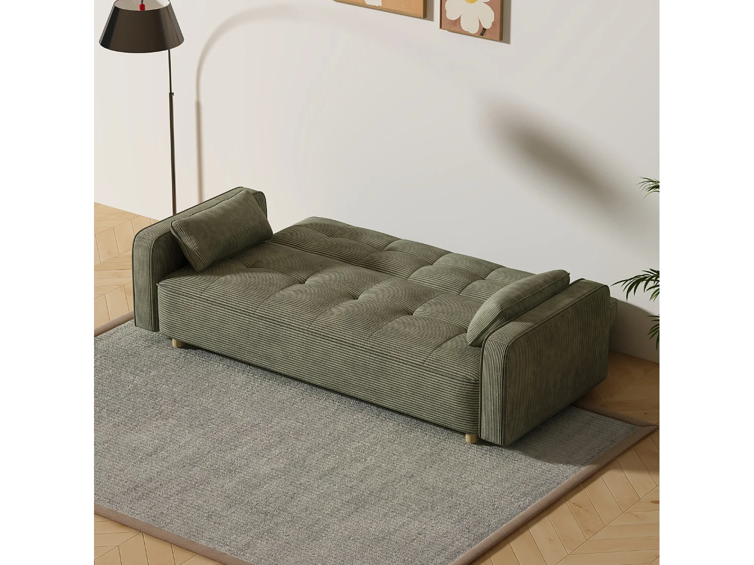 Canapé scandinave convertible 3 places en velours côtelé vert COPENHAGUE