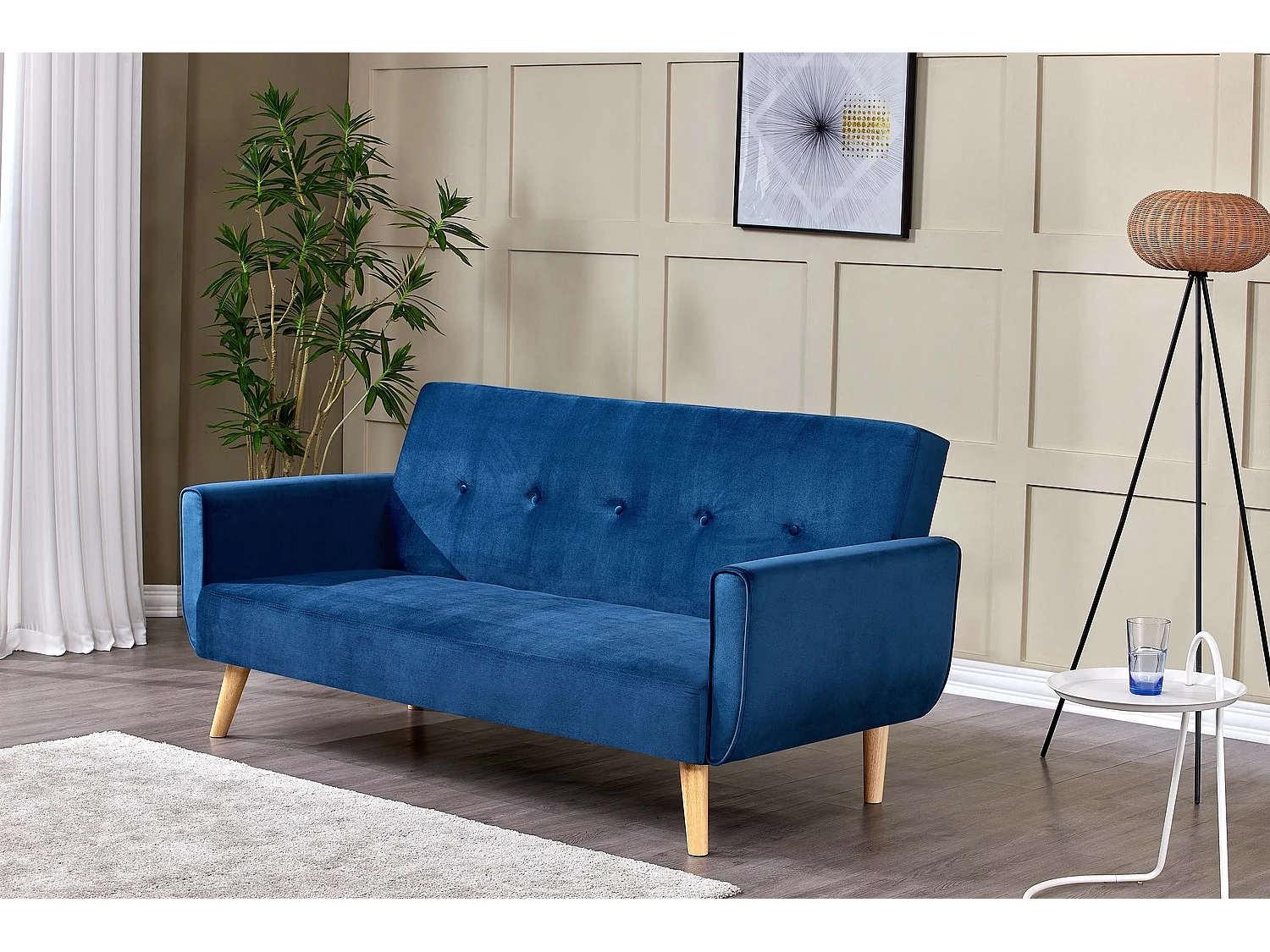 Canapé scandinave convertible 3 places en velours bleu nuit MALMO