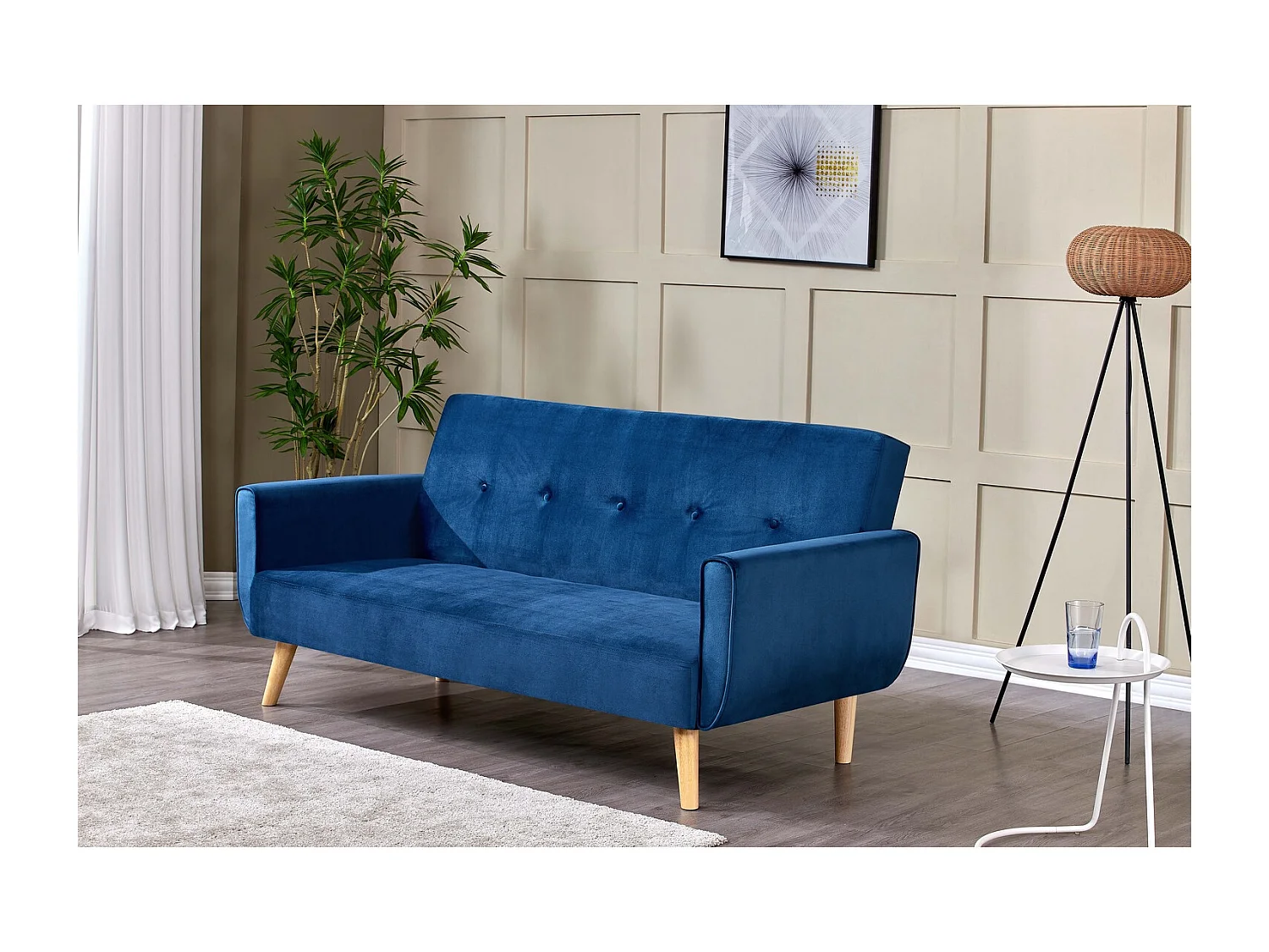 Canapé scandinave convertible 3 places en velours bleu nuit MALMO