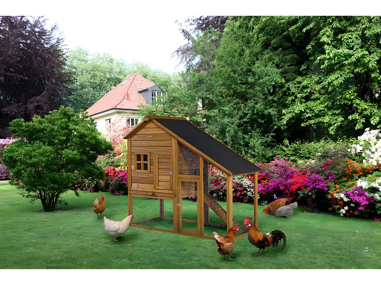 Gallinero de madera "Lily" con nido y amplio corral con rejilla - Marrón Waterproof