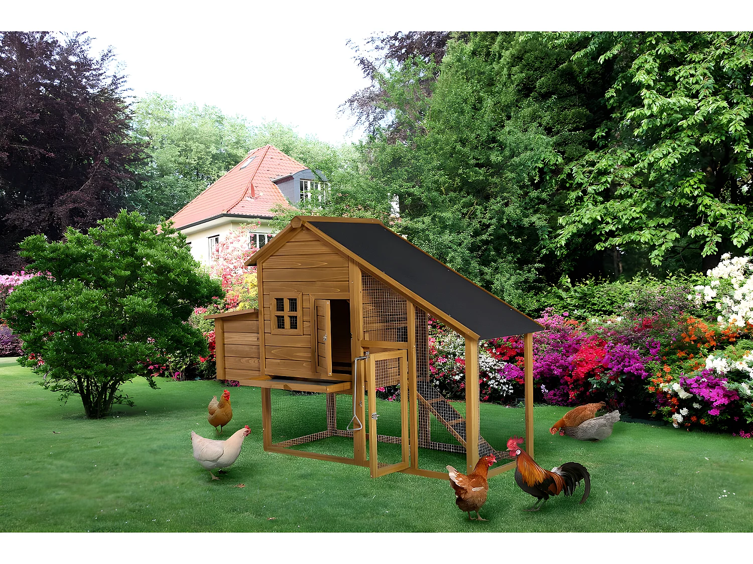Gallinero de madera "Princesa" con nido y amplio recinto de malla - Marrón