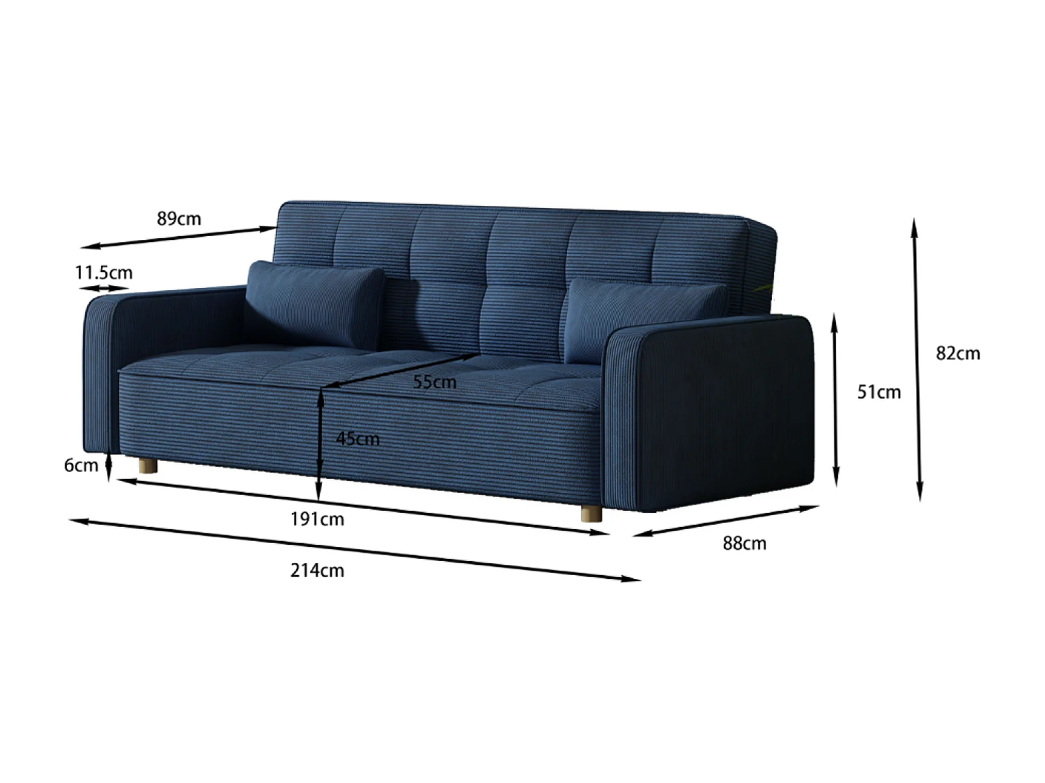 Canapé scandinave convertible 3 places en velours côtelé bleu COPENHAGUE