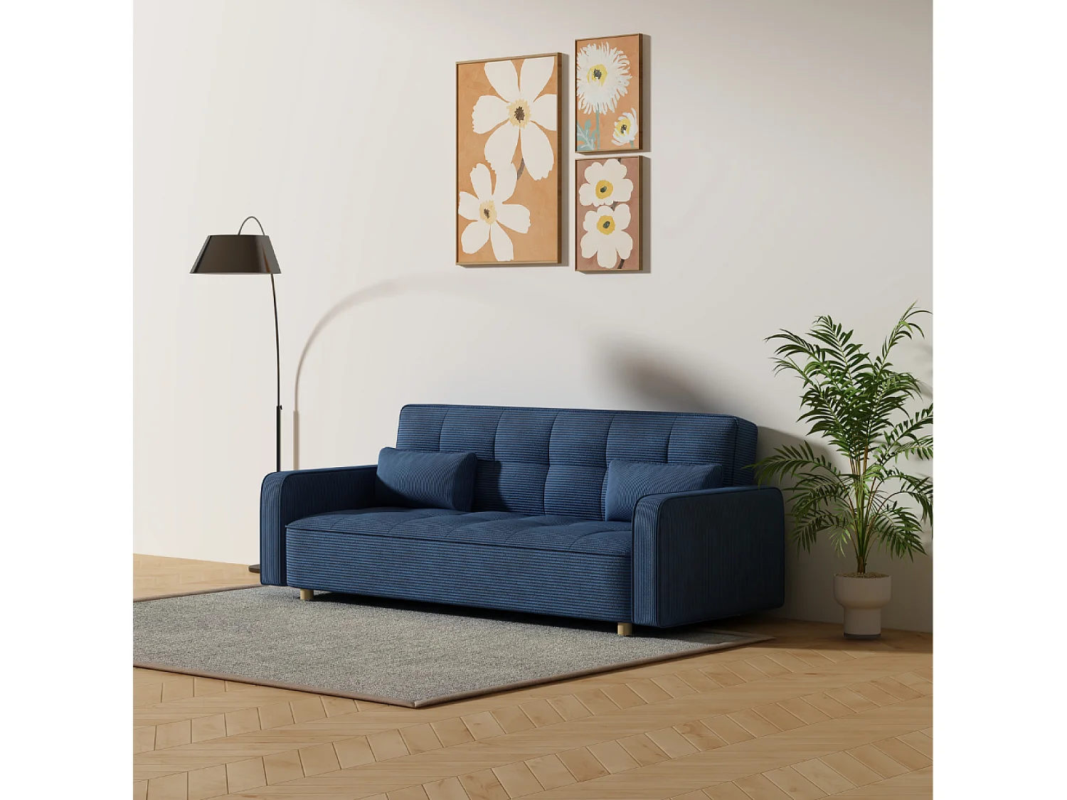 Canapé scandinave convertible 3 places en velours côtelé bleu COPENHAGUE