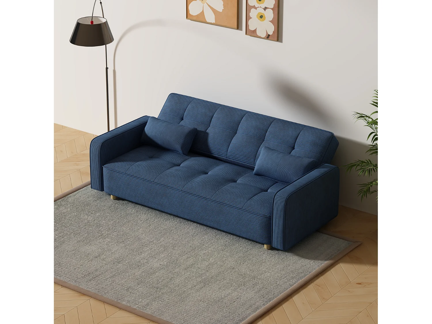 Canapé scandinave convertible 3 places en velours côtelé bleu COPENHAGUE