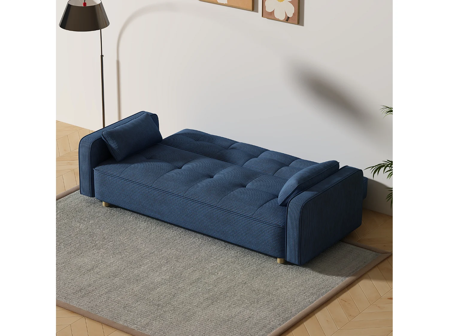 Canapé scandinave convertible 3 places en velours côtelé bleu COPENHAGUE