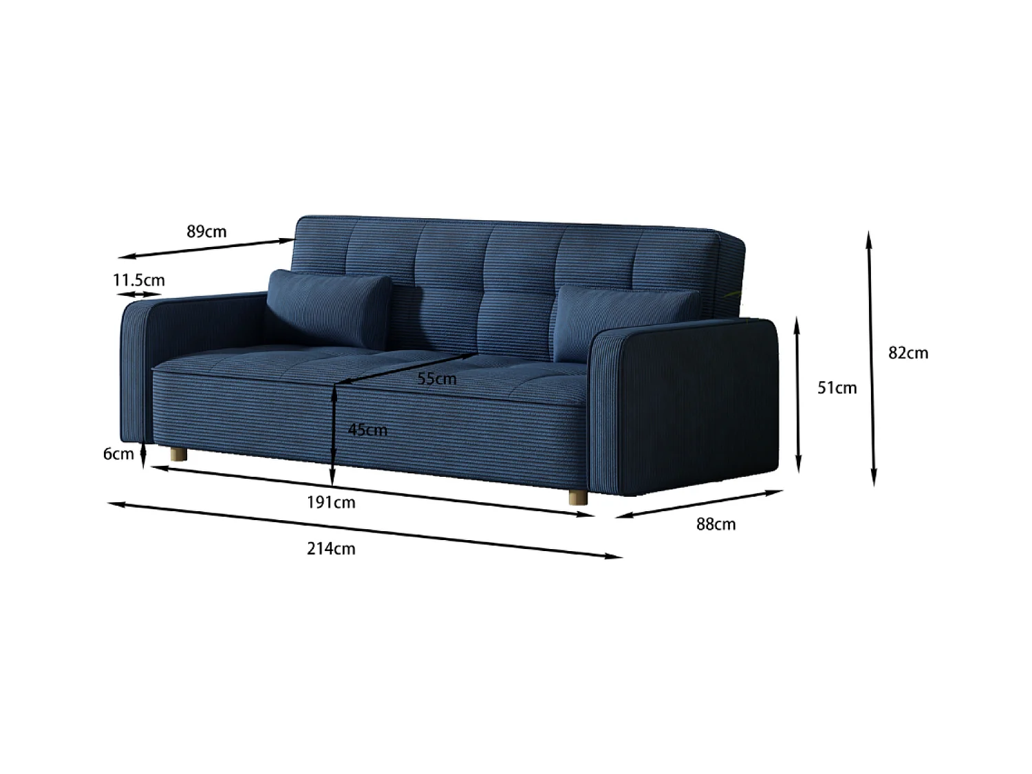 3-Sitzer-Schlafsofa aus Stoff, Blau