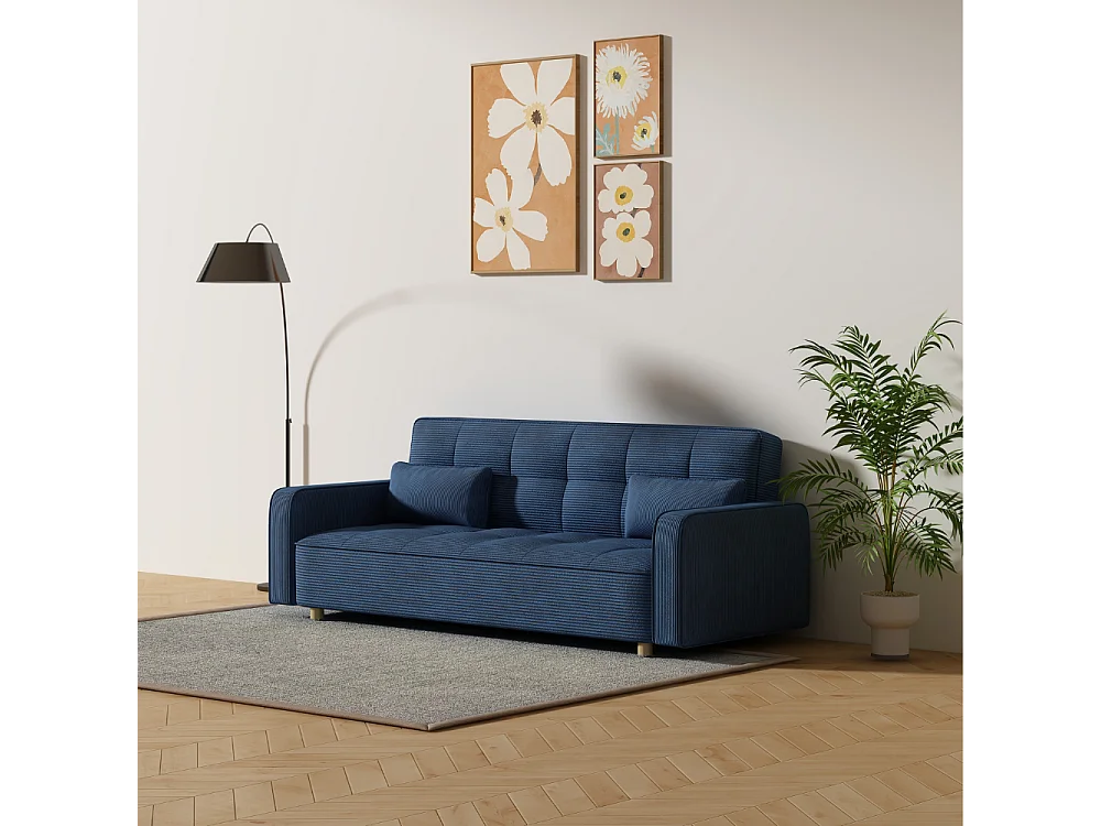 Canapé scandinave convertible 3 places en velours côtelé bleu COPENHAGUE