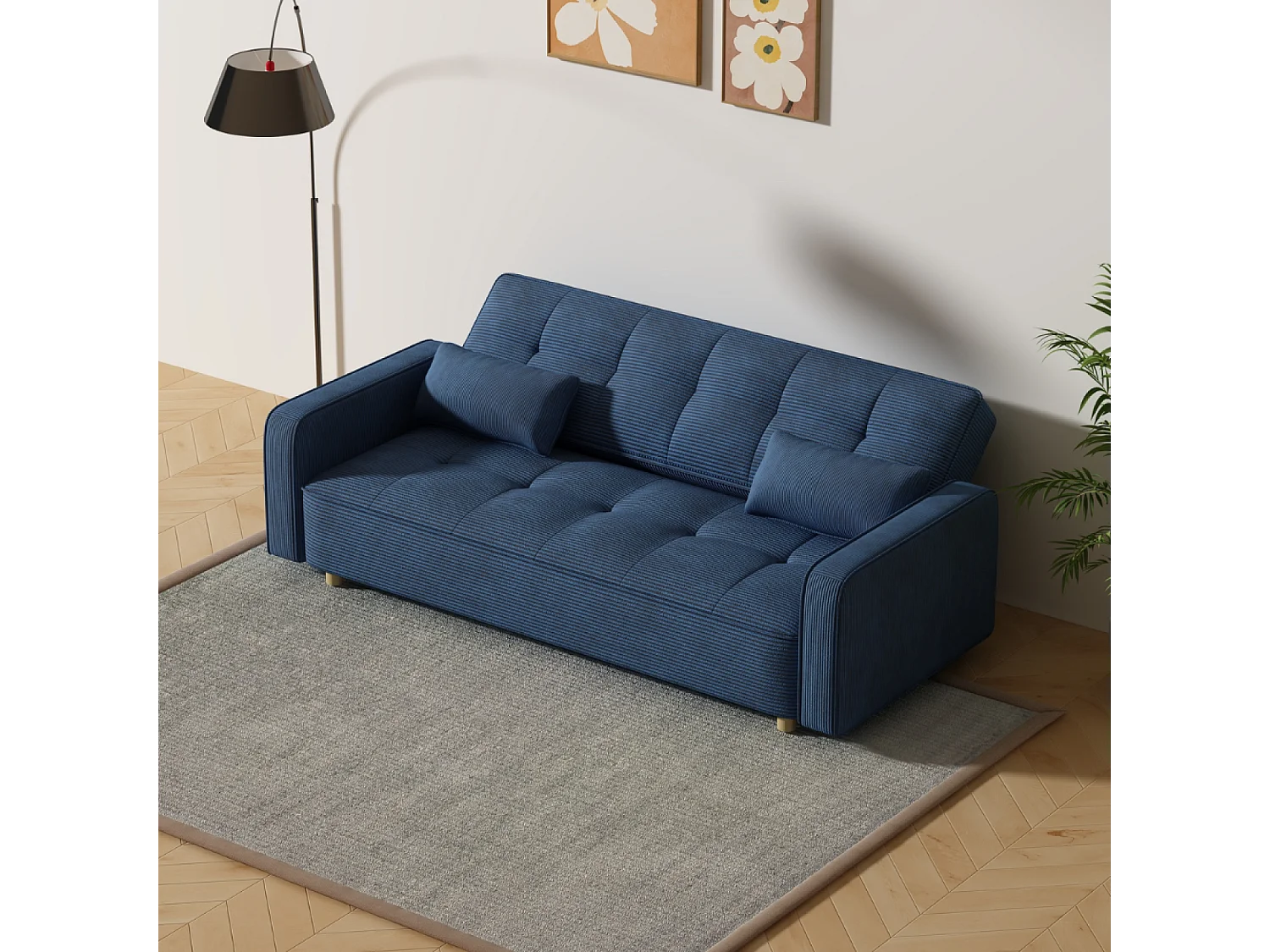 Canapé scandinave convertible 3 places en velours côtelé bleu COPENHAGUE