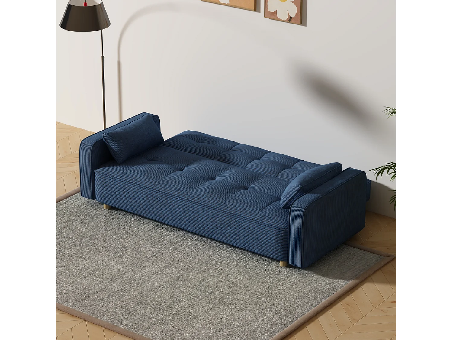 Canapé scandinave convertible 3 places en velours côtelé bleu COPENHAGUE