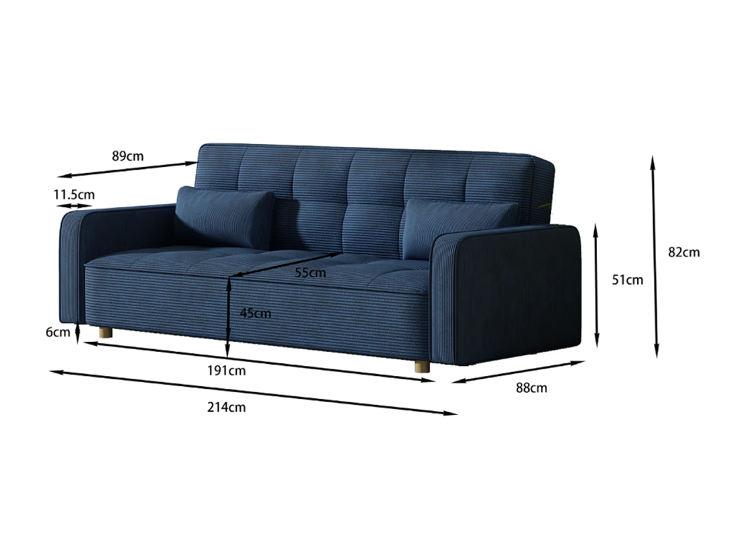 Canapé scandinave convertible 3 places en velours côtelé bleu COPENHAGUE