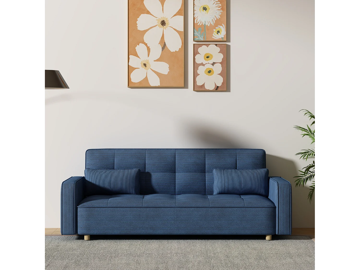 Canapé scandinave convertible 3 places en velours côtelé bleu COPENHAGUE