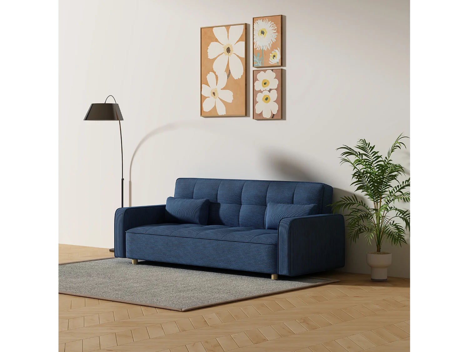 Canapé scandinave convertible 3 places en velours côtelé bleu COPENHAGUE