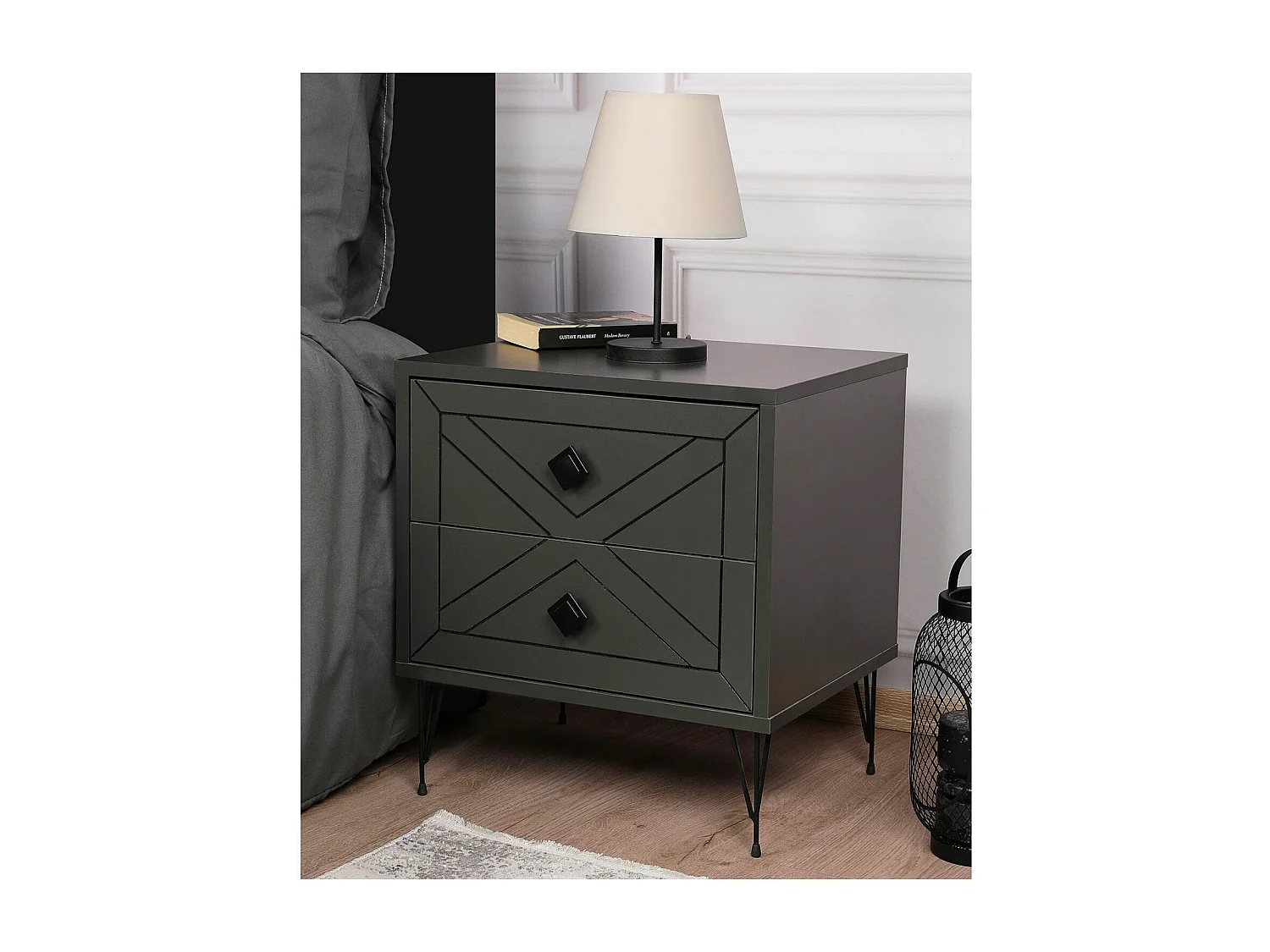 Table de chevet Akilina H55cm Métal Noir et Bois Anthracite