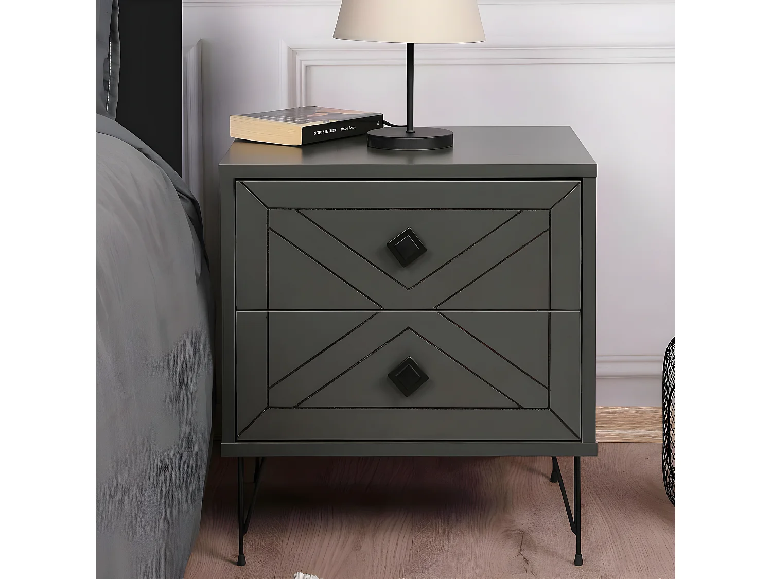 Table de chevet Akilina H55cm Métal Noir et Bois Anthracite