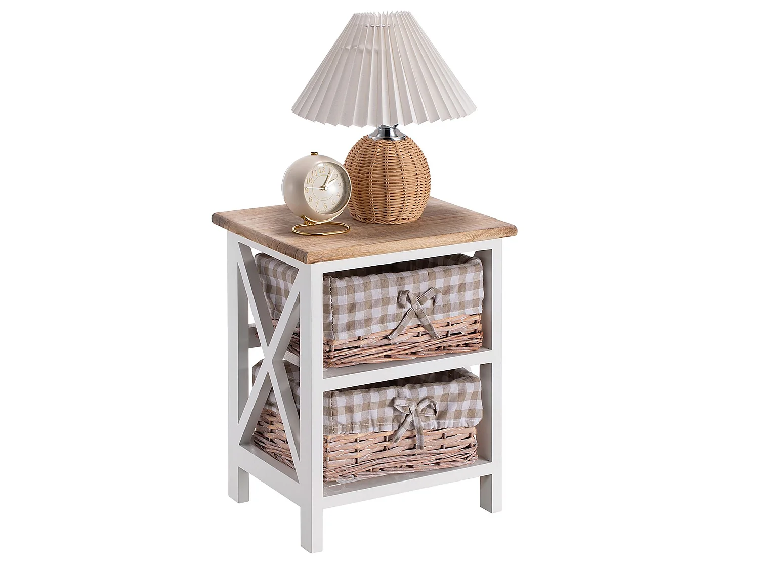 Table de chevet PERUGIA table de nuit 2 paniers en bois de paulownia style shabby chic vintage rustique campagnard blanc et brun