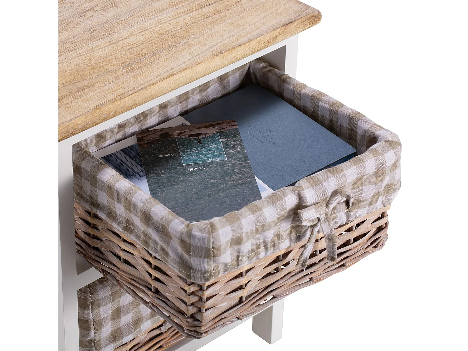 Table de chevet PERUGIA table de nuit 2 paniers en bois de paulownia style shabby chic vintage rustique campagnard blanc et brun