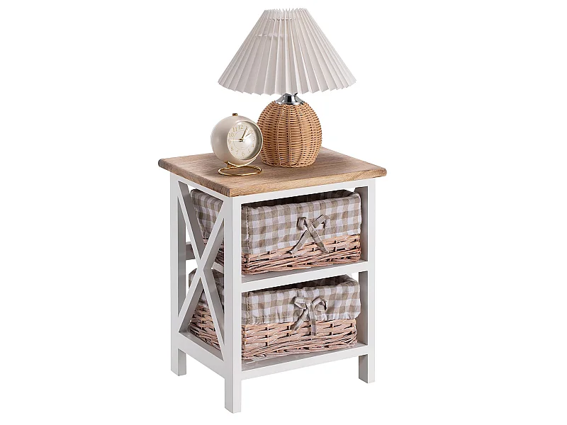 Table de chevet PERUGIA table de nuit 2 paniers en bois de paulownia style shabby chic vintage rustique campagnard blanc et brun