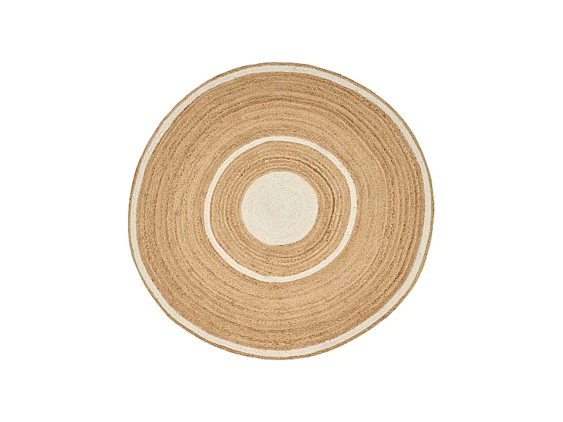 Teppich Jute beige rund 140 cm mit Kreisen weiß Kurzflor handgewebt Boho Halfeli