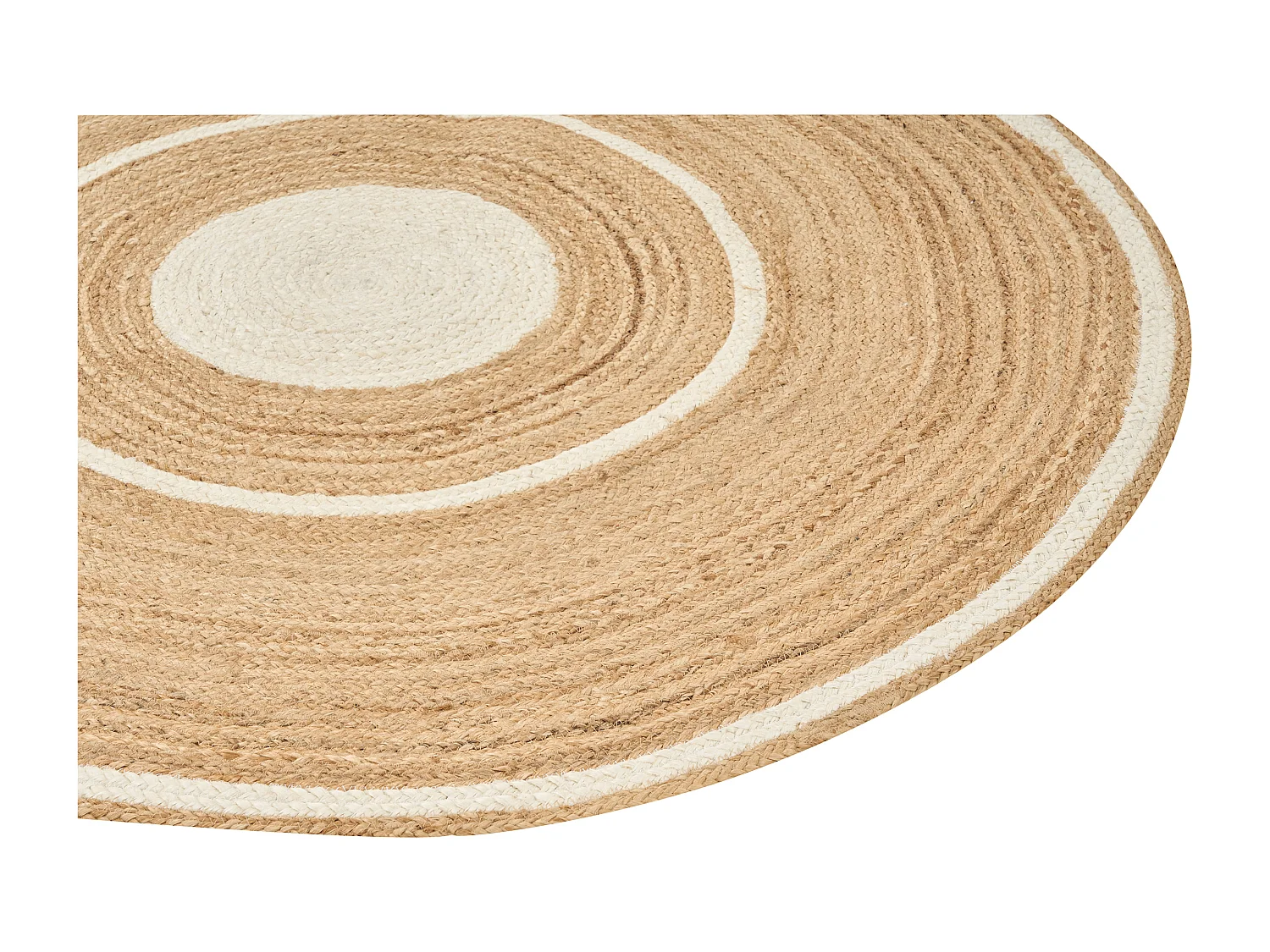 Teppich Jute beige rund 140 cm mit Kreisen weiß Kurzflor handgewebt Boho Halfeli