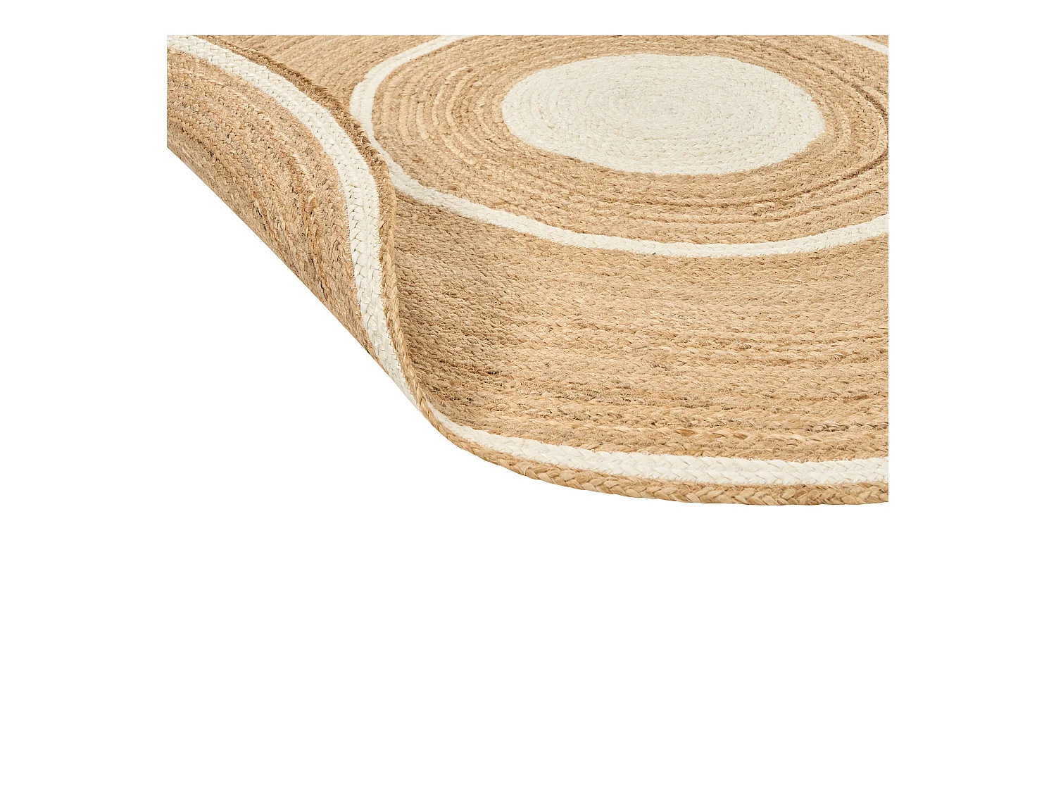 Teppich Jute beige rund 140 cm mit Kreisen weiß Kurzflor handgewebt Boho Halfeli