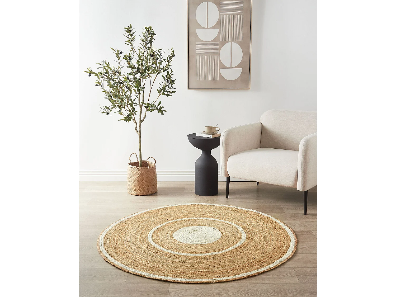 Teppich Jute beige rund 140 cm mit Kreisen weiß Kurzflor handgewebt Boho Halfeli