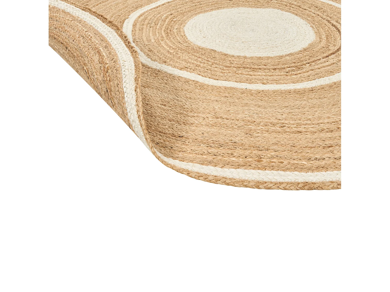 Teppich Jute beige rund 140 cm mit Kreisen weiß Kurzflor handgewebt Boho Halfeli