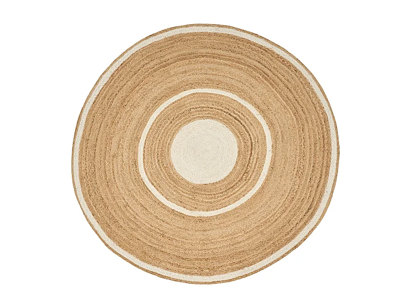 Teppich Jute beige rund 140 cm mit Kreisen weiß Kurzflor handgewebt Boho Halfeli