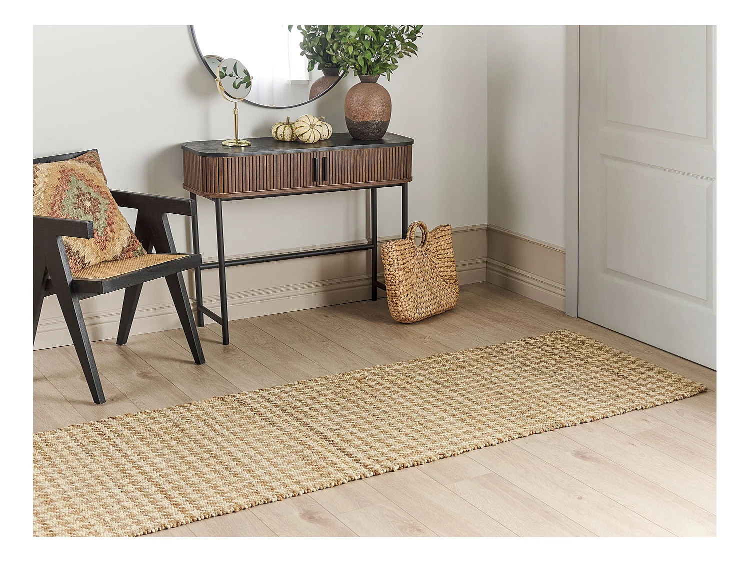 Teppich Jute beige 80 x 300 cm kariertes Muster Kurzflor ARAPTEPE