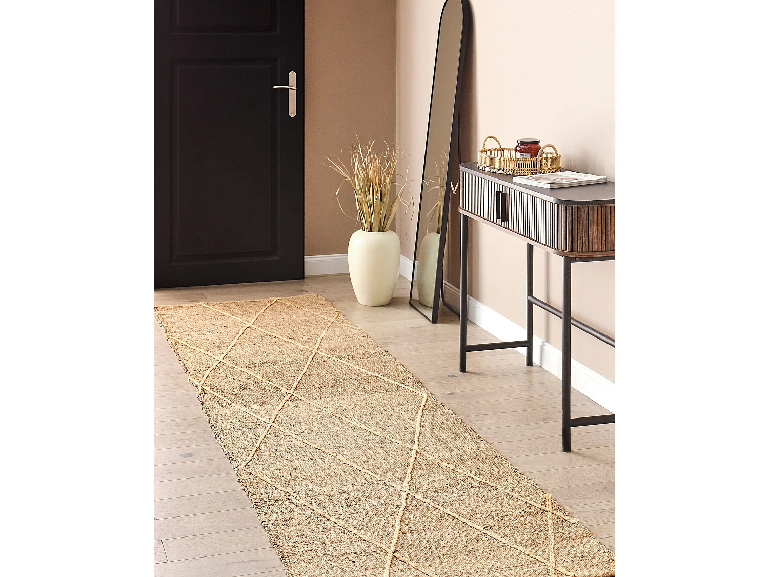 Teppich Jute beige 80 x 300 cm geometrisches Muster Kurzflor YUVACIK