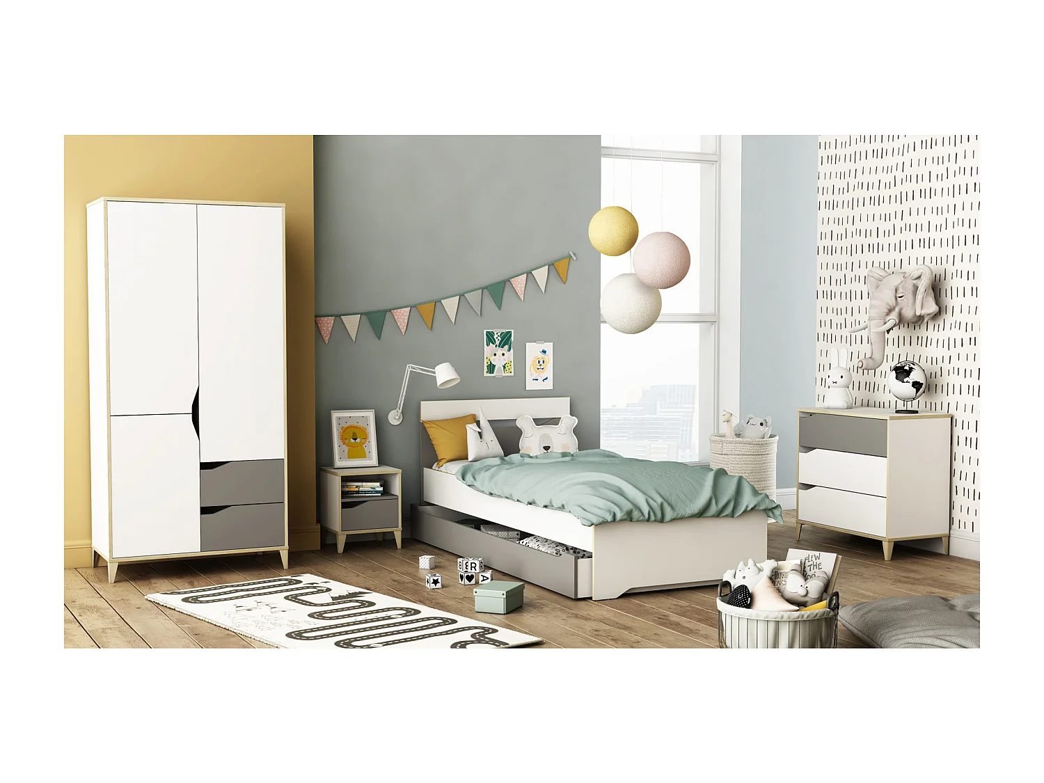 Cómoda 2 + 1 cajones - GENIUS - Blanco y Gris - 78,3 x 42,6 x 75,9 cm - DEMEYERE