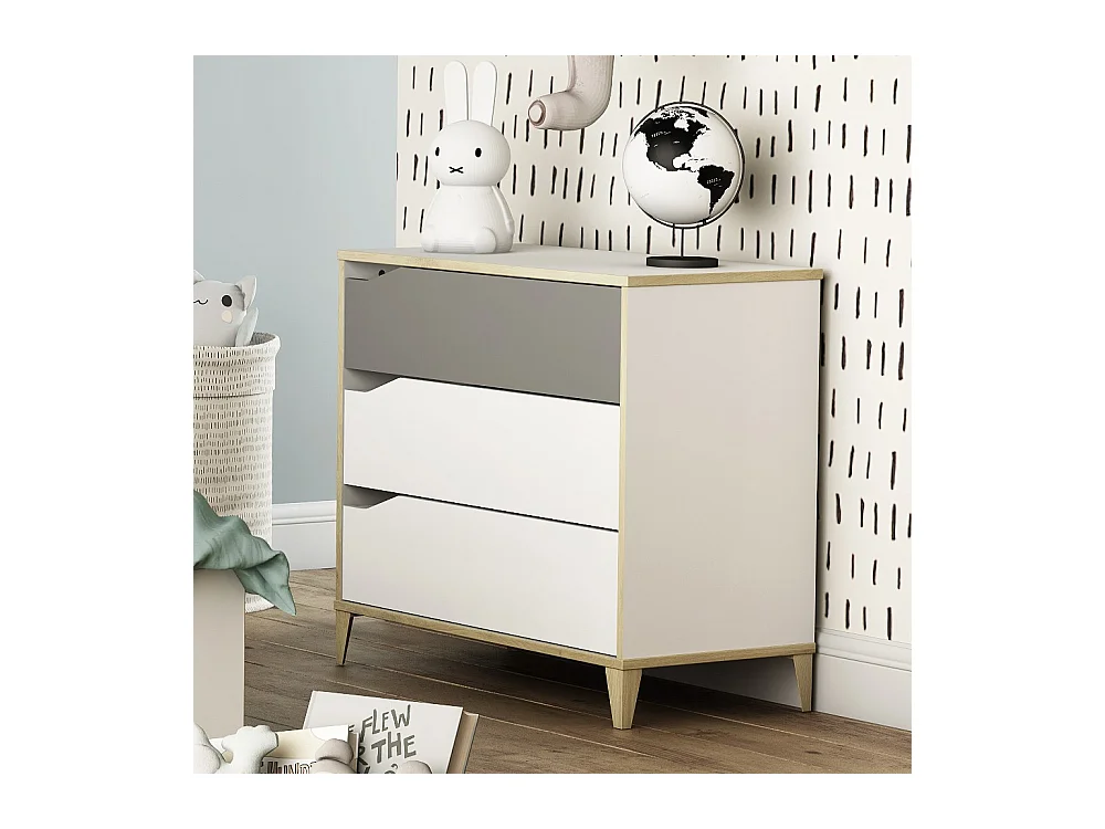 Cómoda 2 + 1 cajones - GENIUS - Blanco y Gris - 78,3 x 42,6 x 75,9 cm - DEMEYERE
