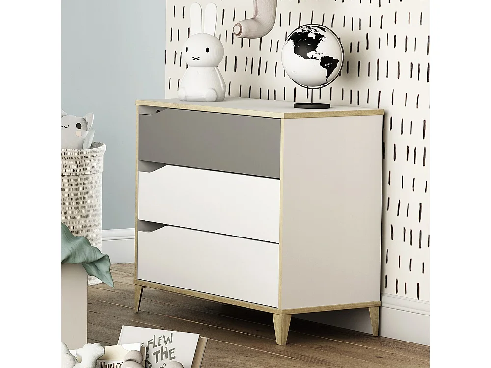 Cómoda 2 + 1 cajones - GENIUS - Blanco y Gris - 78,3 x 42,6 x 75,9 cm - DEMEYERE