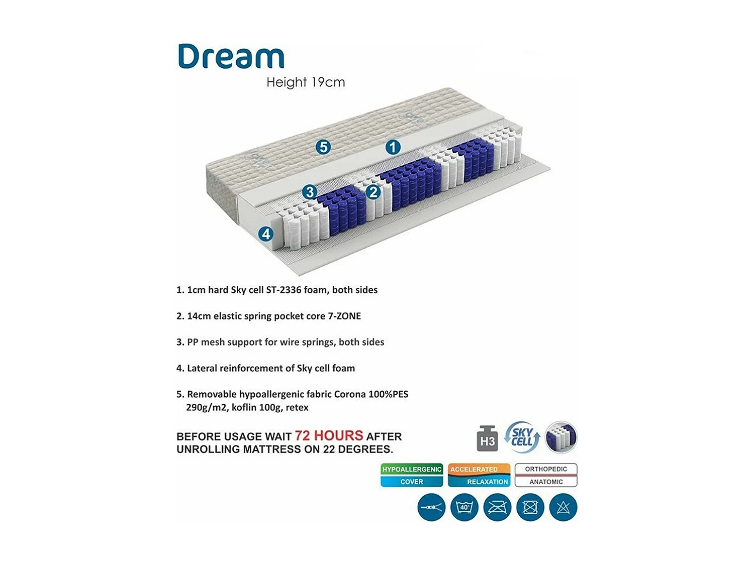 Matelas - 7 zones - 120x200 cm - Niveau de fermeté 3 - Épaisseur 19 cm - DREAM
