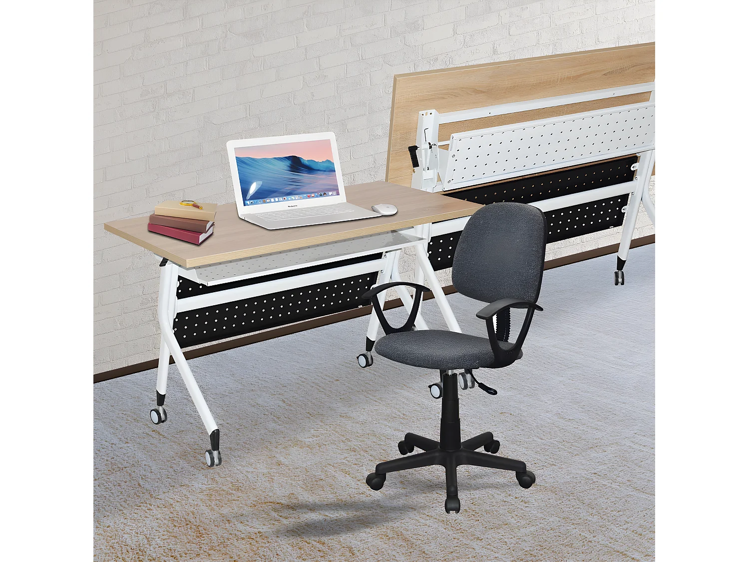 Bureau à roulettes - plateau inclinable - chêne et blanc - MARCO