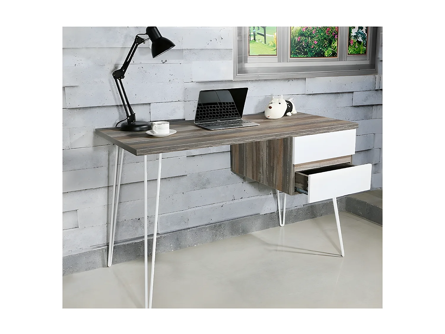 Bureau 2 tiroirs - aggloméré - noyer et blanc - TARAN