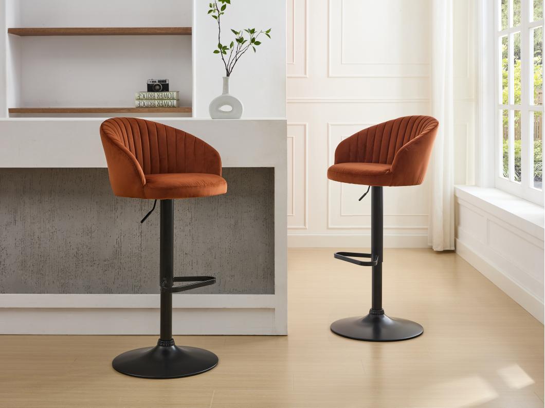 Lot de 2 tabourets de bar en velours et métal noir - Hauteur réglable - Terracotta - DORALIZ