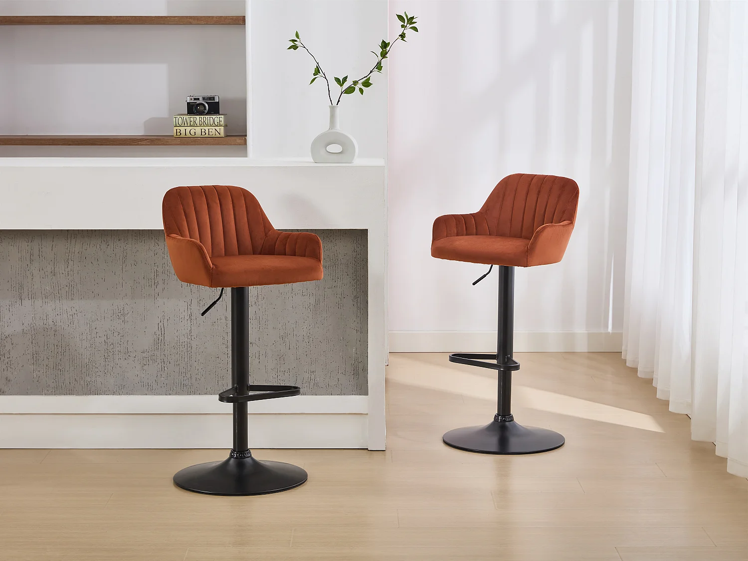 Tabouret de bar en velours et métal noir - Hauteur réglable - Terracotta - ELEANA
