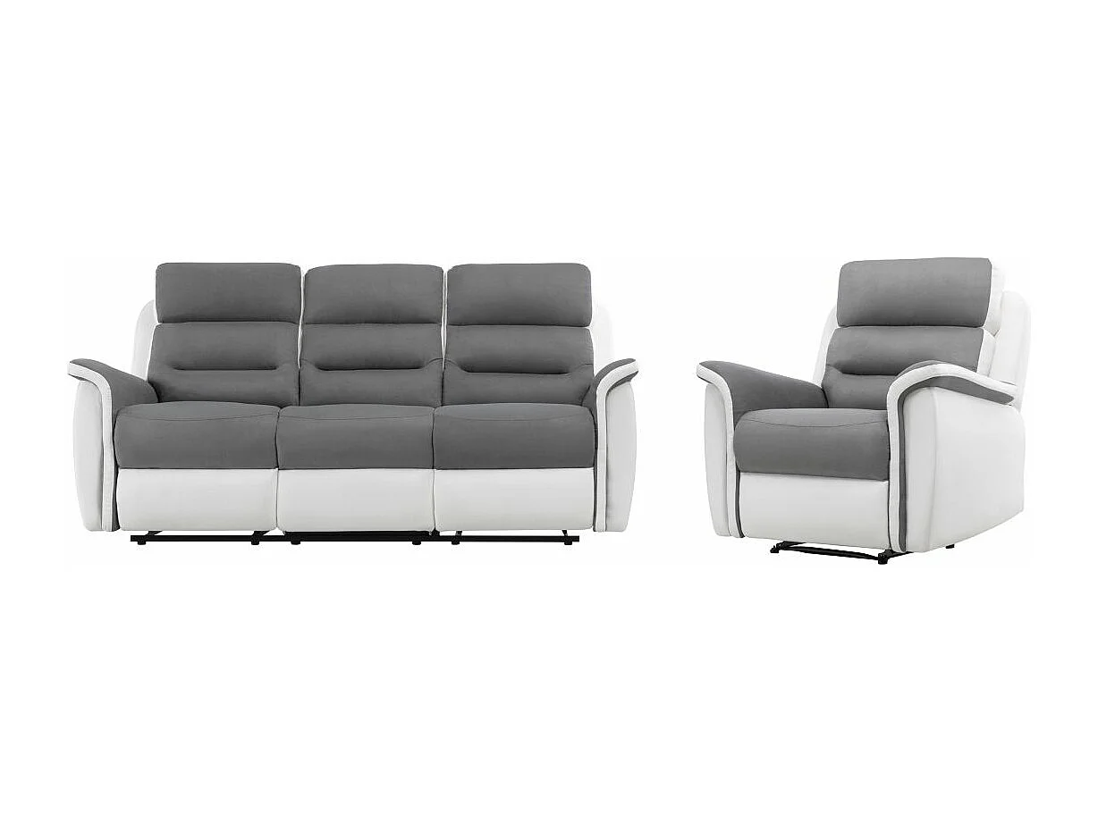 Canapé relax 3 places et 1 fauteuil Léon en PU Blanc et MF Gris - Loungitude