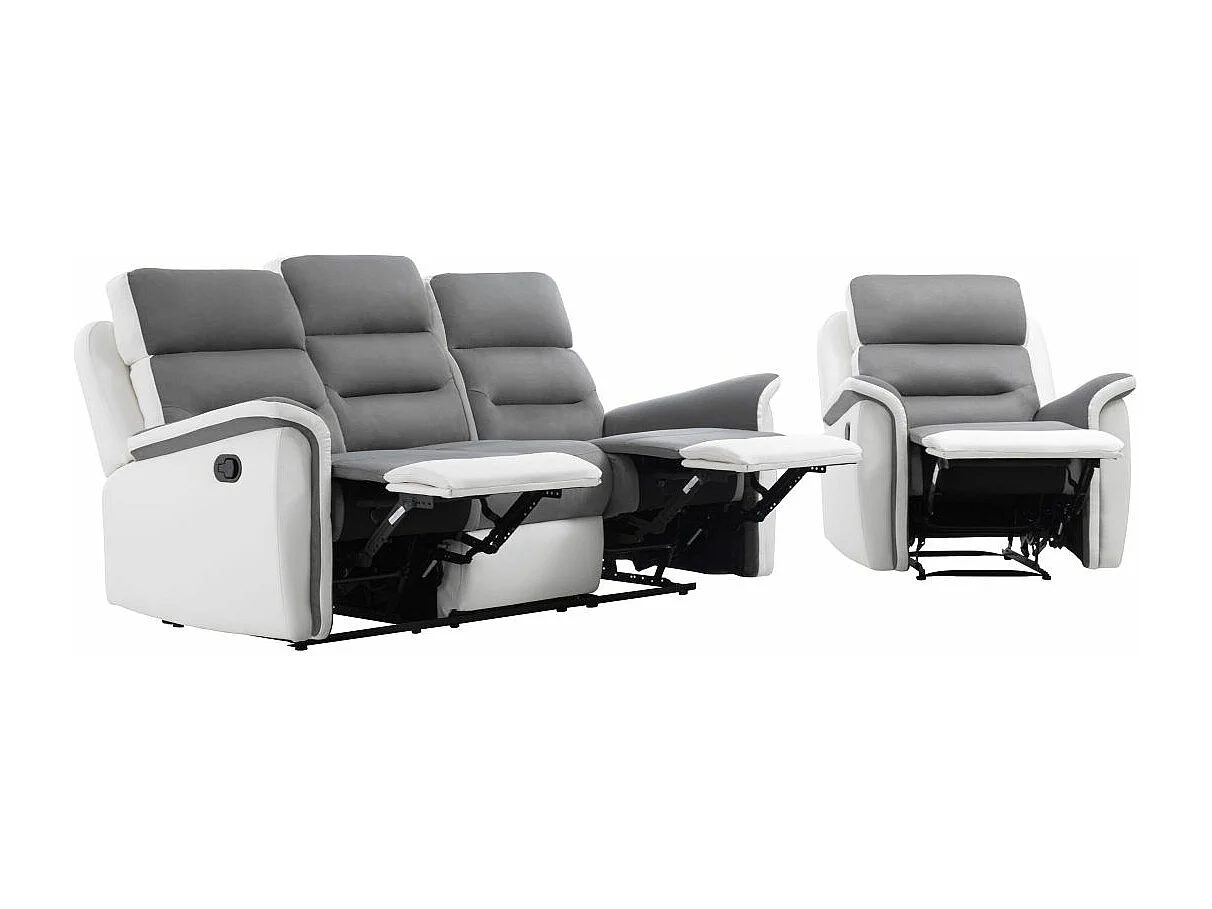 Canapé relax 3 places et 1 fauteuil Léon en PU Blanc et MF Gris - Loungitude
