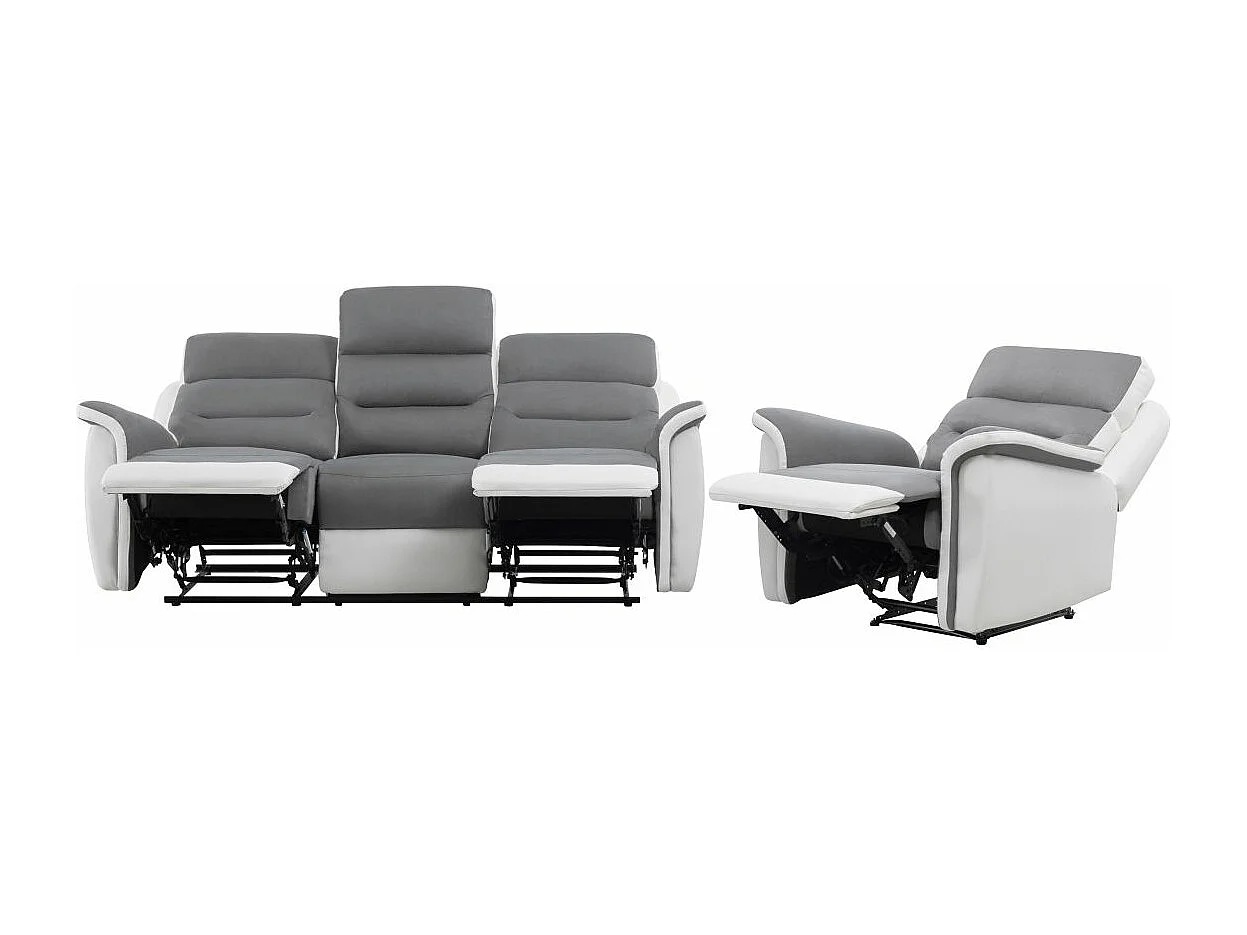 Canapé relax 3 places et 1 fauteuil Léon en PU Blanc et MF Gris - Loungitude