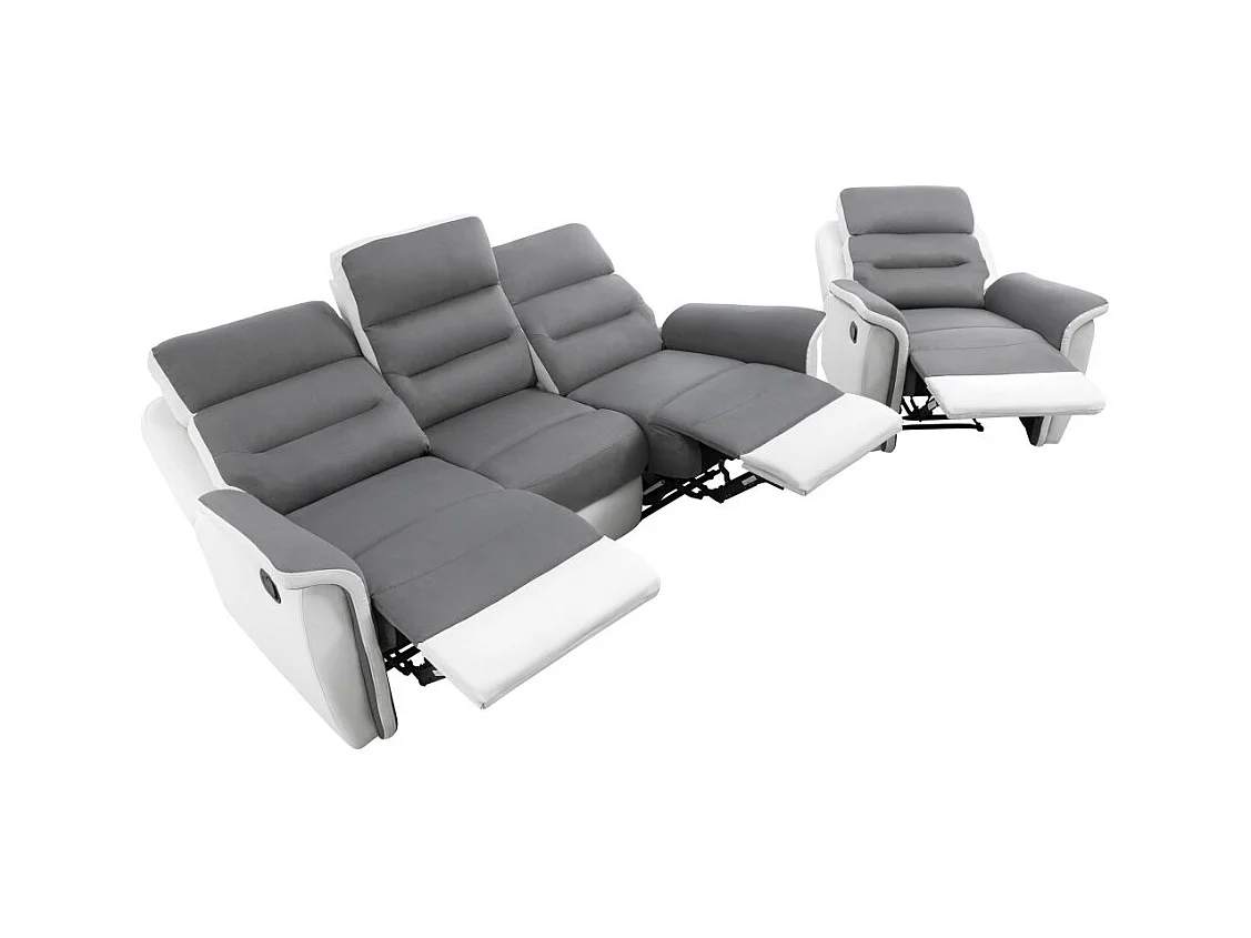 Canapé relax 3 places et 1 fauteuil Léon en PU Blanc et MF Gris - Loungitude
