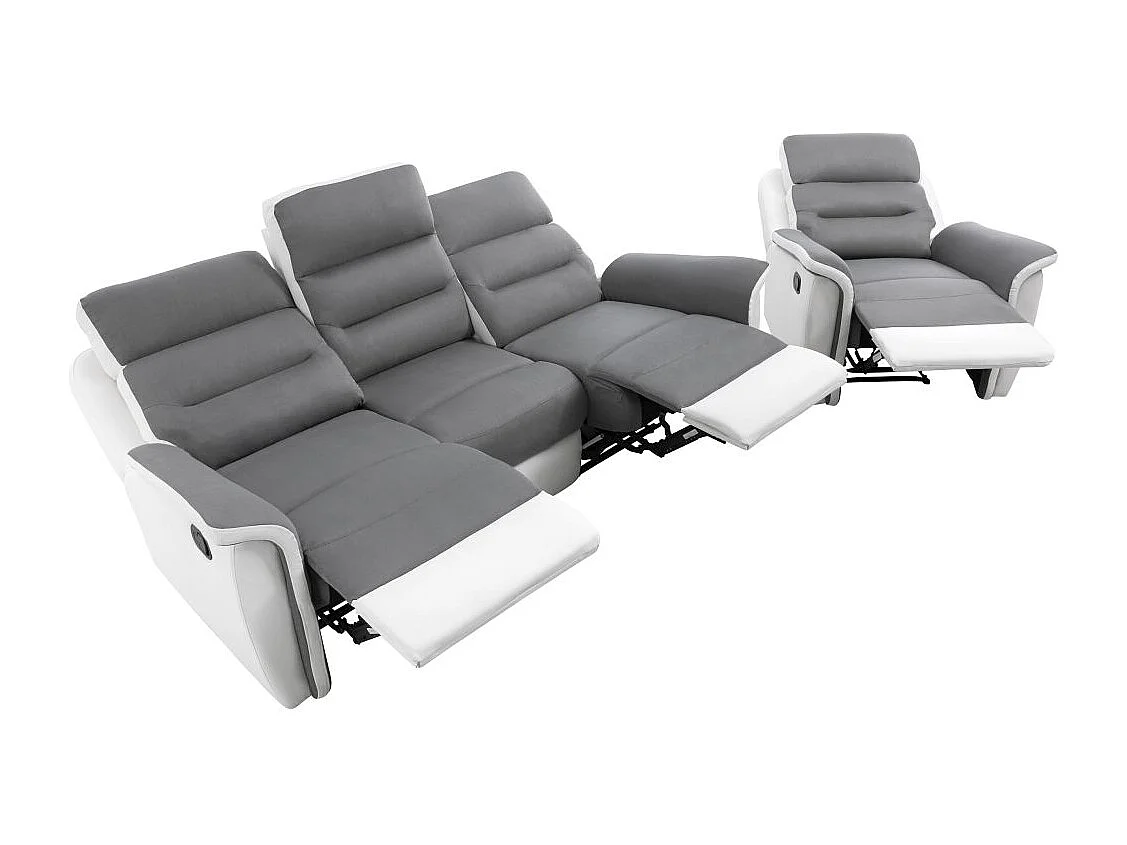 Canapé relax 3 places et 1 fauteuil Léon'en PU Blanc et MF Gris - Loungitude