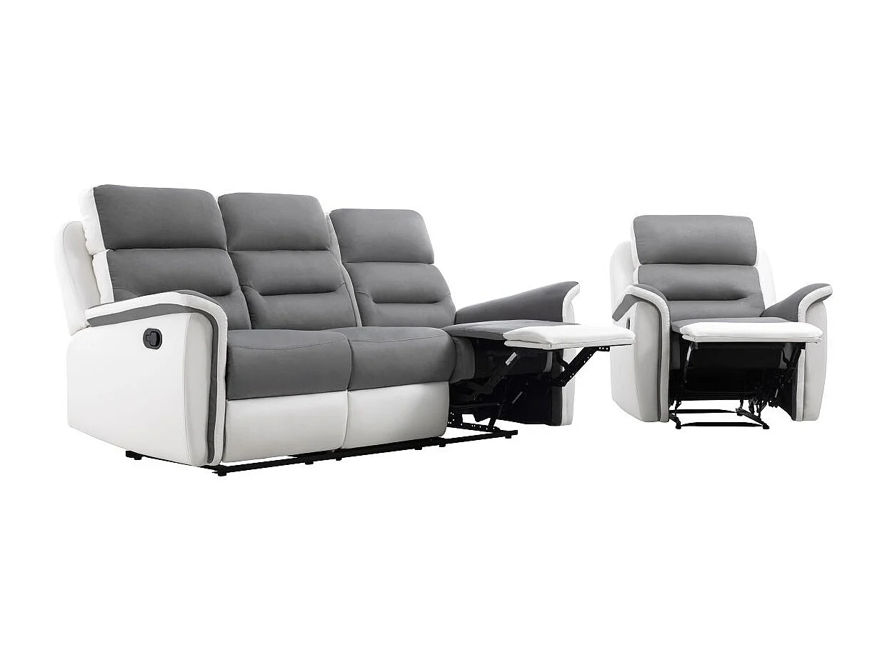 Canapé relax 3 places et 1 fauteuil Léon'en PU Blanc et MF Gris - Loungitude