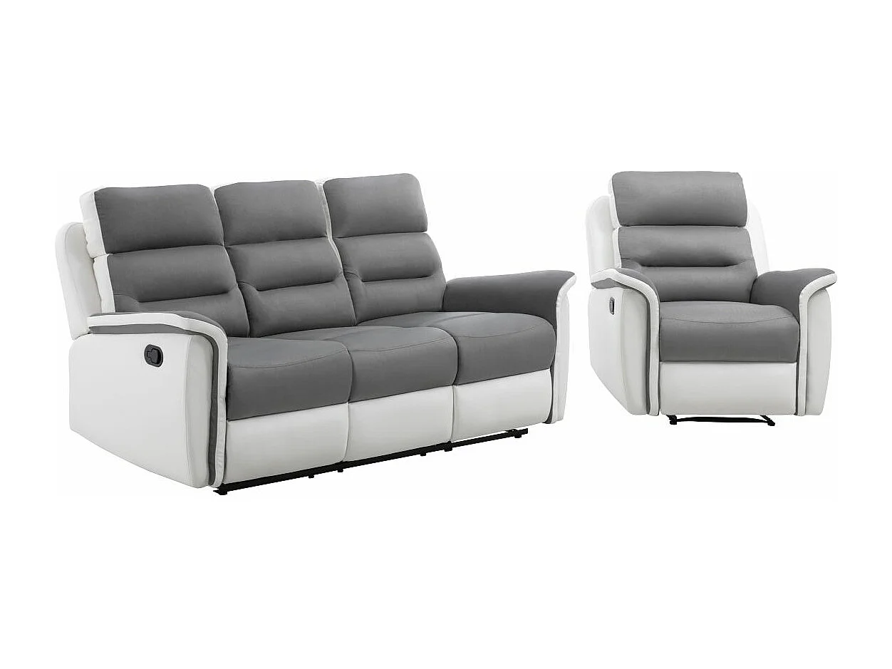 Canapé relax 3 places et 1 fauteuil Léon'en PU Blanc et MF Gris - Loungitude