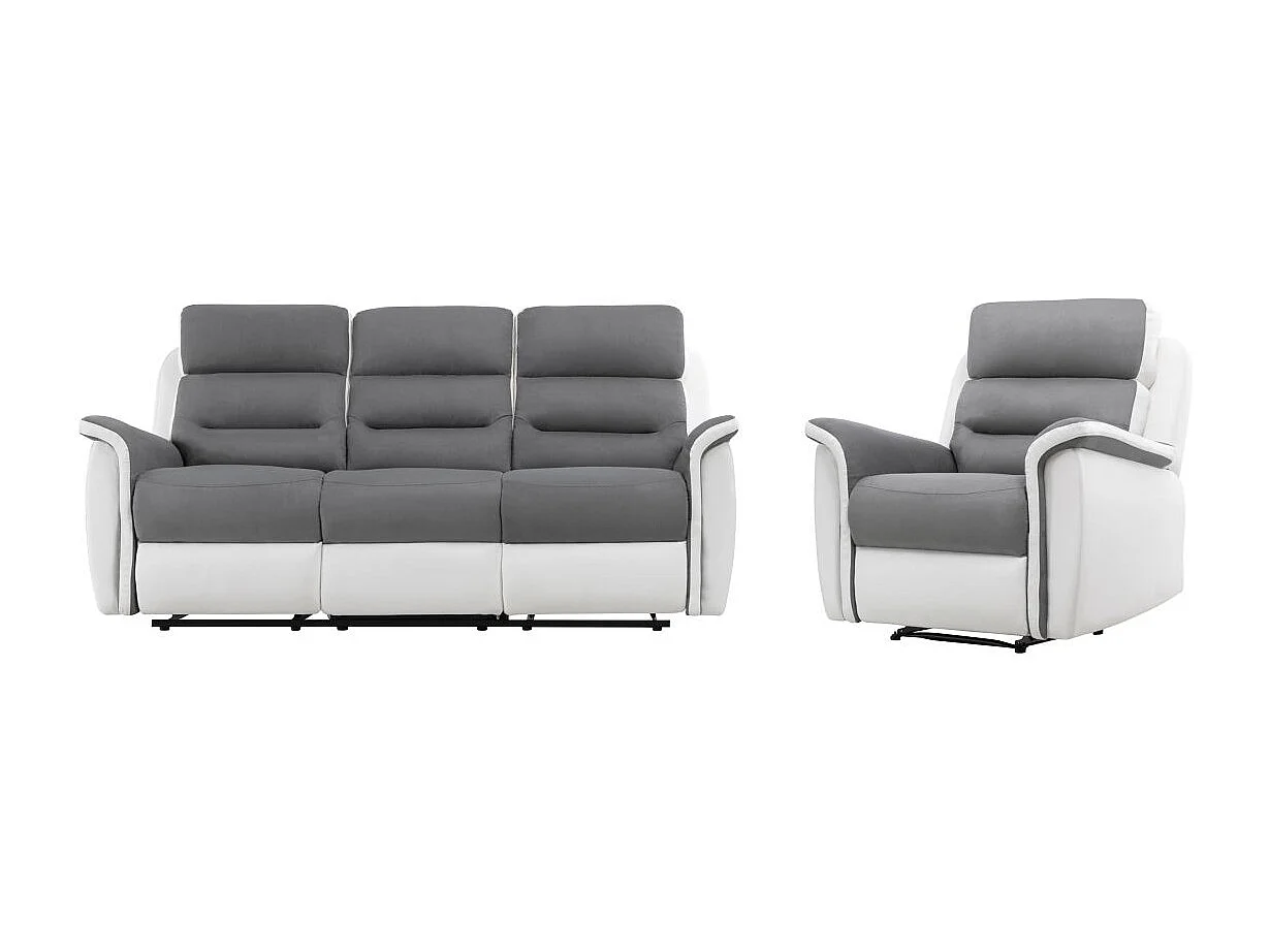 Canapé relax 3 places et 1 fauteuil Léon'en PU Blanc et MF Gris - Loungitude