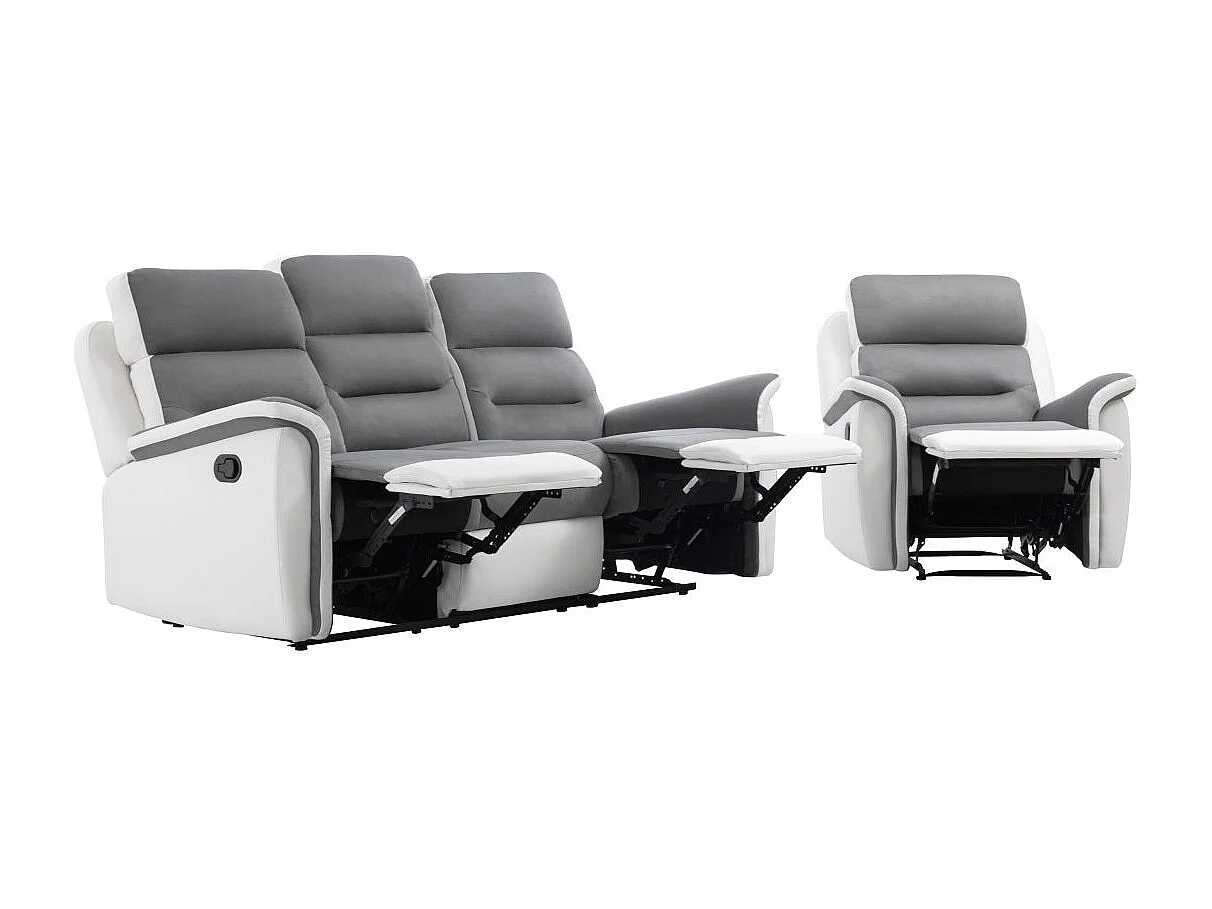 Canapé relax 3 places et 1 fauteuil Léon'en PU Blanc et MF Gris - Loungitude
