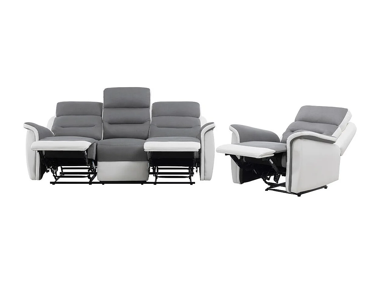 Canapé relax 3 places et 1 fauteuil Léon'en PU Blanc et MF Gris - Loungitude