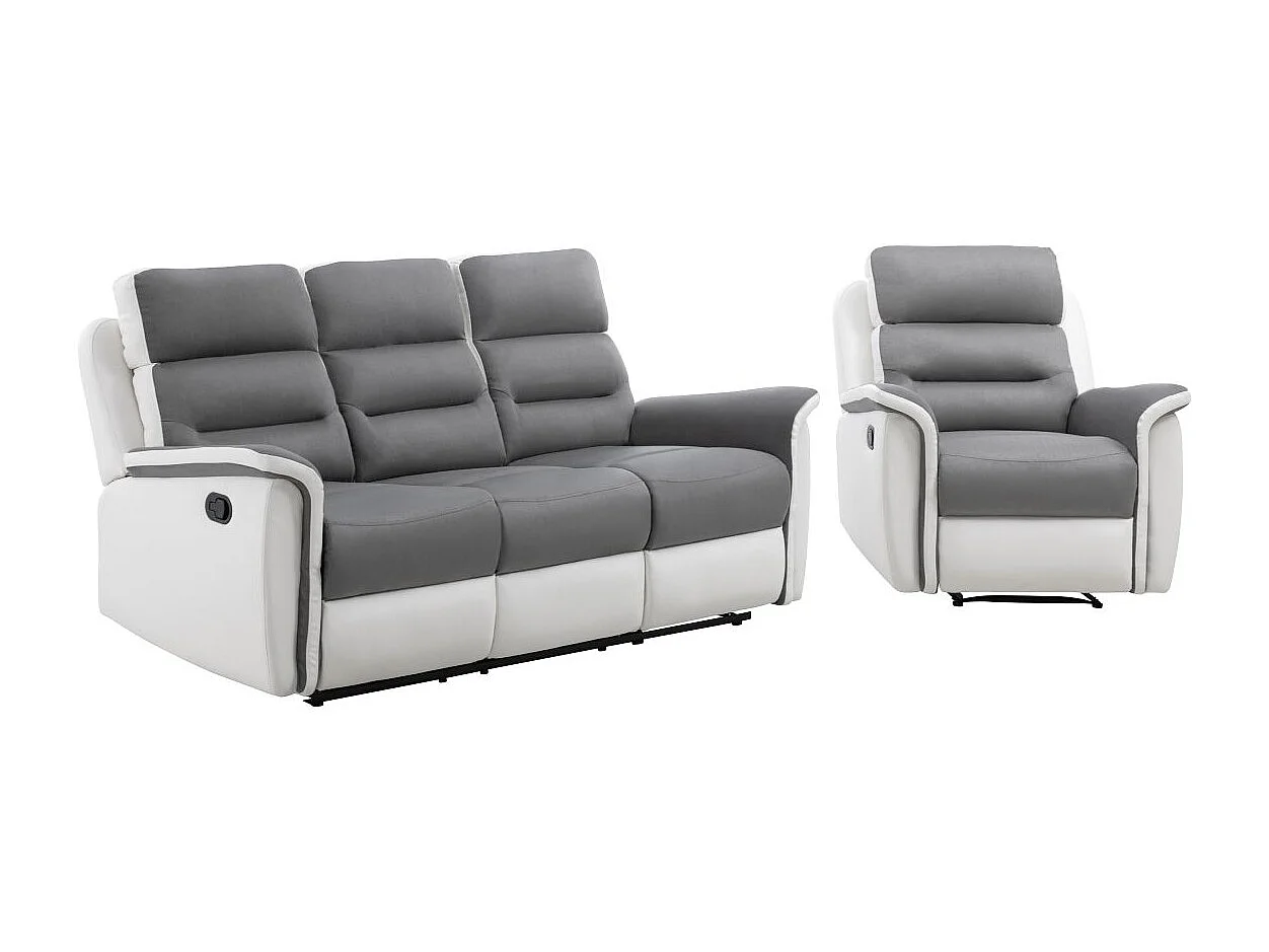 Canapé relax 3 places et 1 fauteuil Léon'en PU Blanc et MF Gris - Loungitude