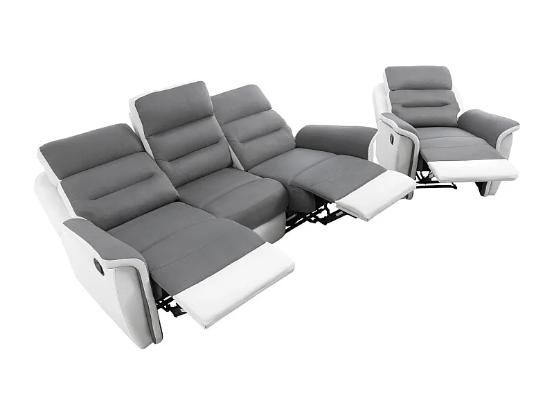 Canapé relax 3 places et 1 fauteuil Léon'en PU Blanc et MF Gris - Loungitude