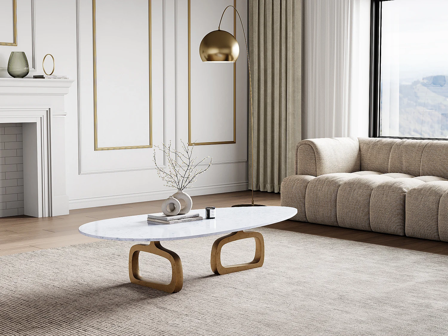 Table basse en marbre et métal - Blanc et Doré - AVIANA